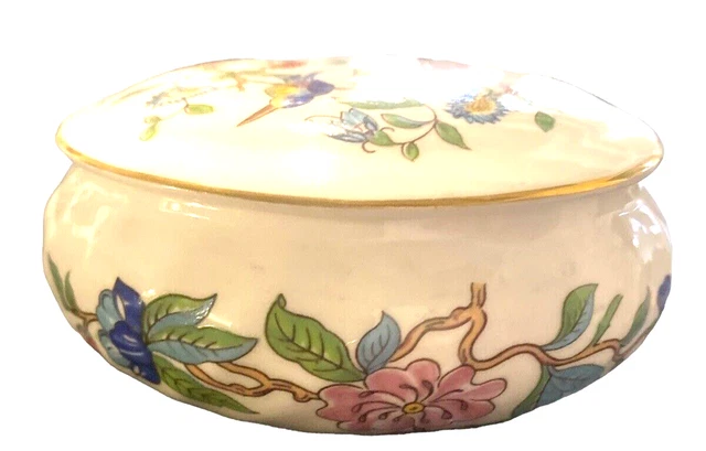 Vintage Aynsley Bone China Pembroke Round Trinket Dish Lid Powder Jar Bird Flora