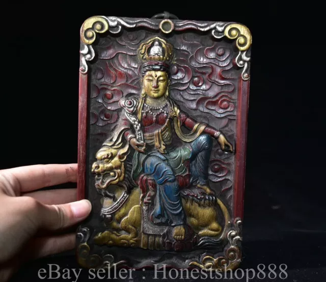 8.4" Old Chinese Wood Painting Carved Wenshu Guan yin Screen Wall Hang Statue