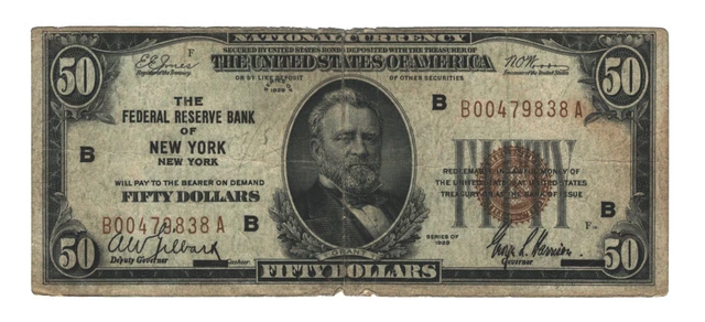 1929 $50 NEW YORK Federal Reserve Bank Note Brown NATIONAL CURRENCY NT994