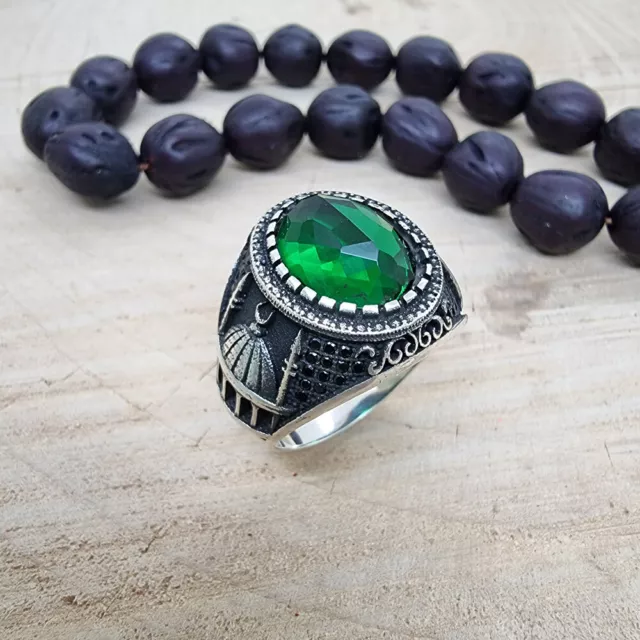 Islamic 925 Sterling Silver Handcraft Mosque Cz Emerald Sapphire Men Ring