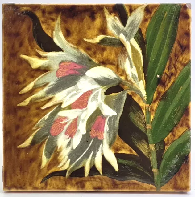Antique Fireplace Tile Arts & Crafts Impasto Floral Sherwin & Cotton C1880 AE1