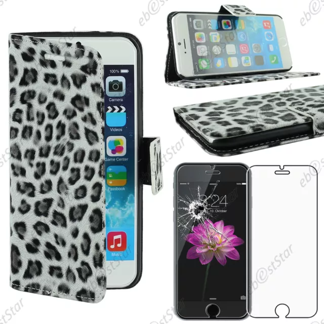Housse Coque Etui Portefeuille  PU Cuir Leopard Noir Apple iPhone 6 4,7" Verre