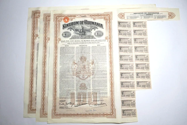 Kingdom Of Roumania Consolidation Loan £100 Sterling 4% 1922 X 3 Actions