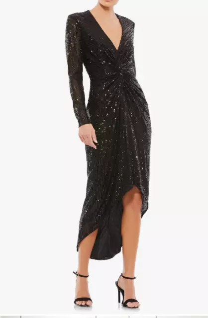 Ieena Mac Duggal Black Metallic Sequin Long Sleeve Faux Wrap Dress Size 12