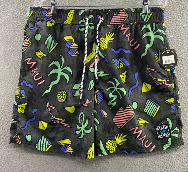 Maui And Sons Board Shorts Mens Large 34 Black Island Slice Swim Trunks 34x7 NEW