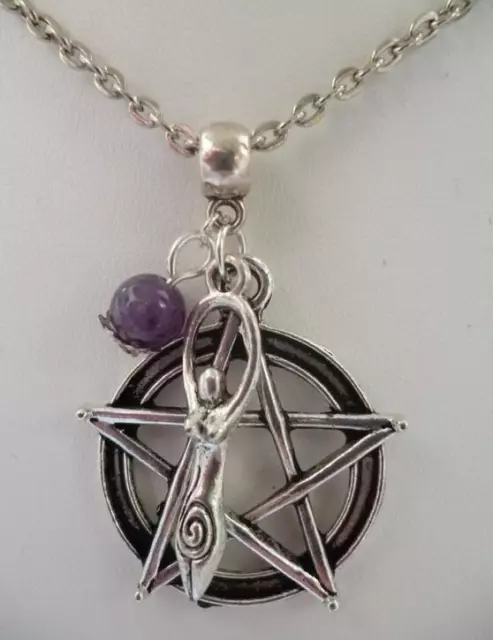 Amethyst-Goddess-Pentagram Pendant Necklace -Pagan-Wicca-Goth -amulet/talisman