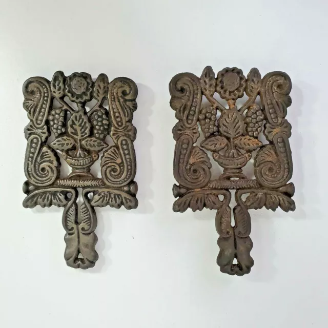 Cast Iron Trivets Spoon Rests (2) Grape Floral Design Heavy Weight Vintage 8x4"