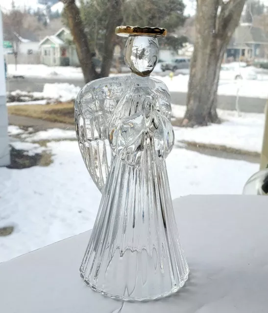 Vintage 7" Mikasa Leaded Crystal Christmas Angel Candle Holder Golden Halo Glass