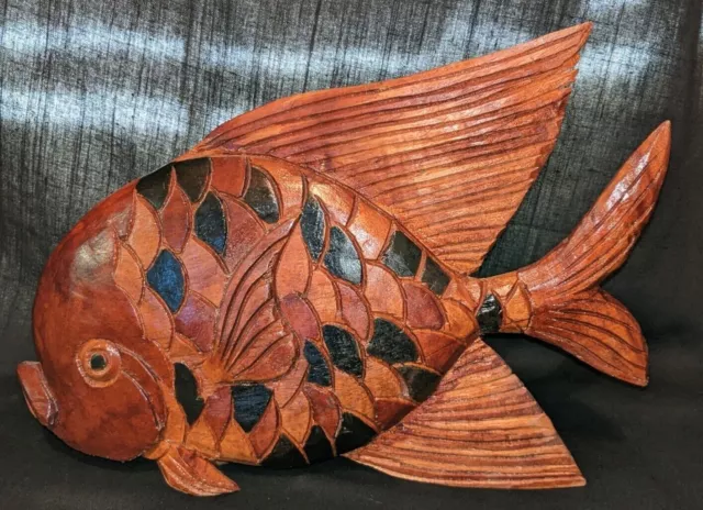 Vintage HAND CARVED Wood FISH SCULPTURE Statue Large 15" Tiki Bar Beach Folk Art