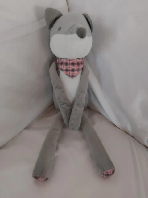 Doudou Obaibi/Okaidi Loup Renard Gris Blanc Rose Carreaux Ttbe