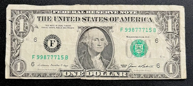 1985 One Dollar Federal Reserve, Miscut, Off Center Error Note RARE* $1