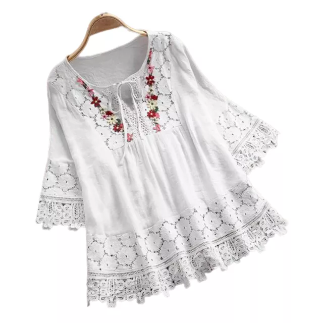 Pullover Shirt Loose Fit Three Quarter Sleeve Crochet Embroidery Lace Splicing