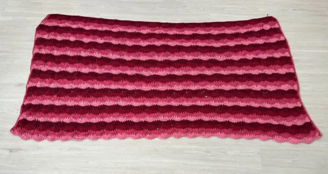 Vintage Handmade Crochet Afghan Blanket Pink Stripes Scalloped Edge 3 Ft By 5 Ft