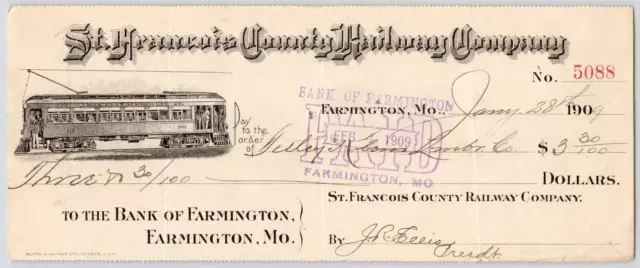 1909~Bank of Farmington~Missouri MO~St Francois County Railway~RR~Antique Check
