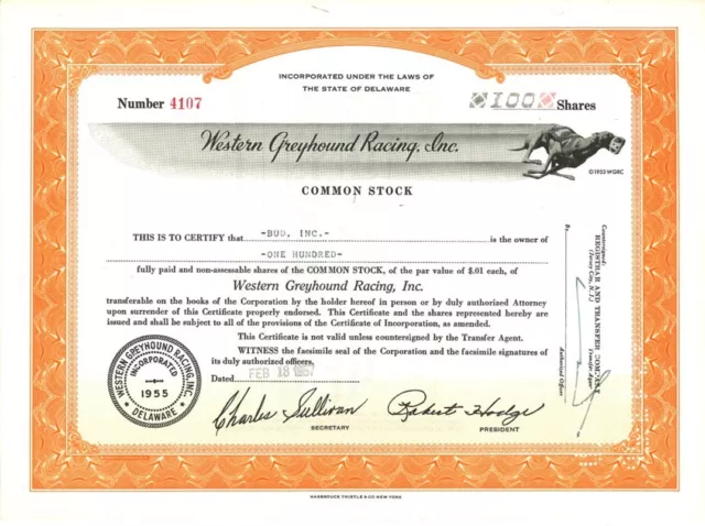 Western Greyhound Racing Inc 1957 Delaware old stock certificate share