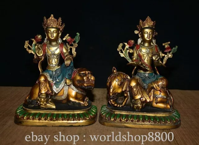 10.8"Chinese Bronze Gilt FengShui Manjusri Samantabhadra Bodhisattva Statue Pair