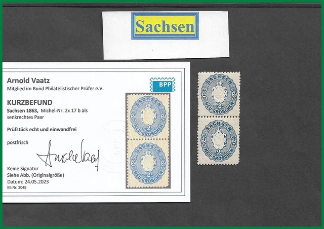 Briefmarken, Altdeutä., Sachsen, 1863, Mi 17 b als senkr. Paar, postfr. Kurzbef.
