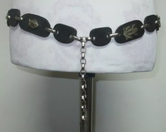 Vtg. Chicos Black Leather w/Elephant/Turtle/Fish Metal Hook Closure Belt Sz M/L