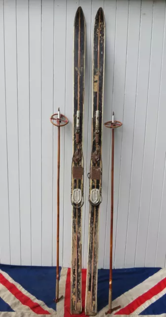 RUSTIC SHABBY CHIC ANTIQUE VINTAGE FRENCH ALPINE WOODEN SKIS AND POLES 210cm