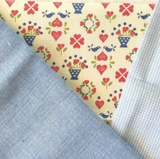 Miniature Dollhouse Fabric Country Heart Lot of 3 Old Fashioned Blue Check 1:12