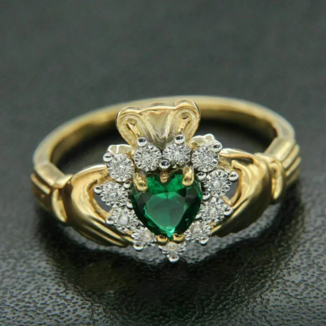 2 Ct Heart Simulated Green Diamond Irish Claddagh Ring 14k Yellow Gold Finish 2