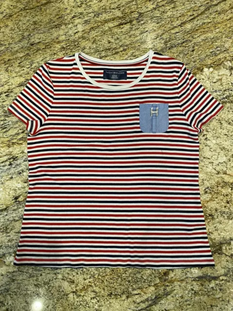 Tommy Hilfiger T-Shirt White Red Blue Striped Crew Short Sleeve Cotton Womens XL
