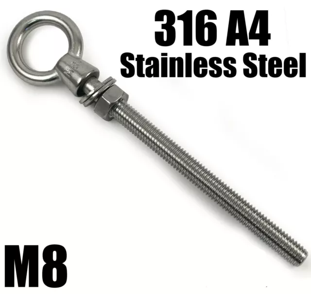 M8 x 200mm A4 316 Marine Grade Stainless Steel Lifting Eye Bolt Longshank Nut