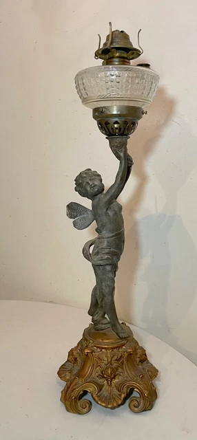 HUGE antique ornate 1800's figural fairy cherub oil lamp glass font gilded metal