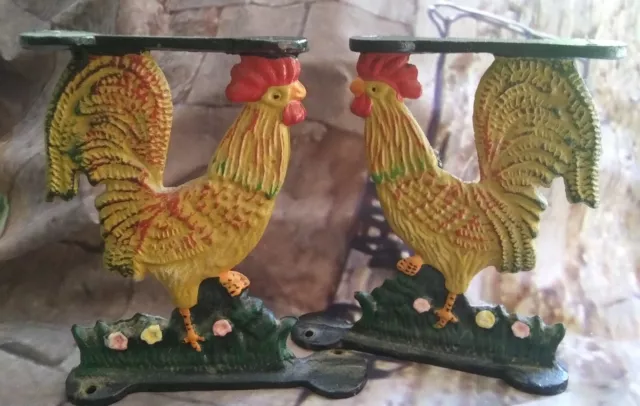 Vintage (2) Cast Iron Rooster Shelf Supports Brackets Metal Chicken Farmhouse