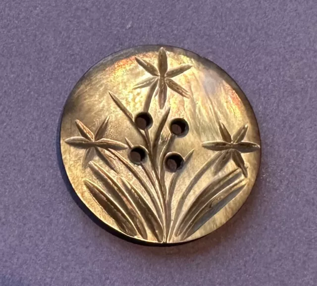 Antique Vintage Carved Iridescent Mother of Pearl Button; "Flowers in the Field"