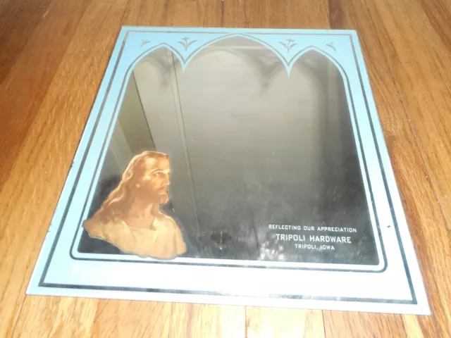 Vintage TRIPOLI IOWA IA HARDWARE Advertising JESUS CHRIST RELIGIOUS MIRROR