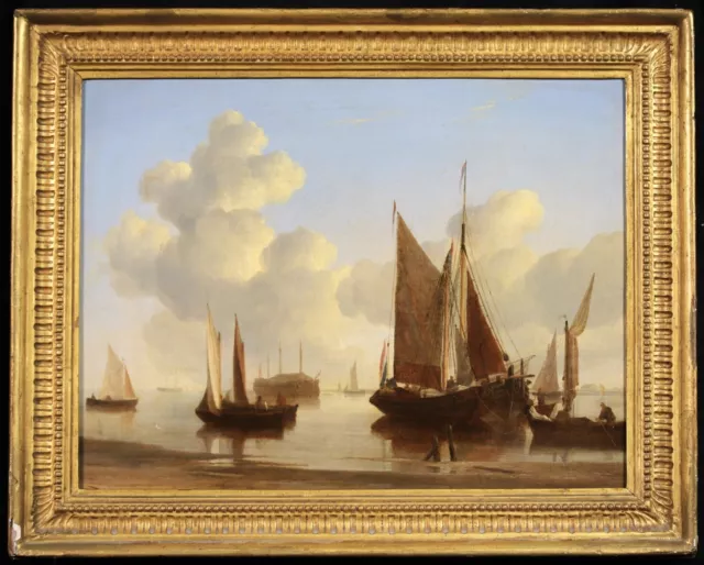18th CENTURY LARGE DUTCH OLD MASTER OIL CANVAS - BOATS ANCHORED ON AN ESTUARY