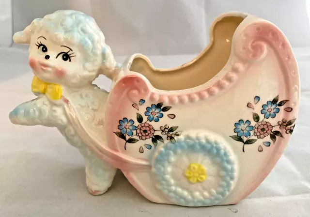 Vtg Lamb Baby Buggy Nursery Planter 4.75x7.5" Blue/Pink-Flowers Inarco Japan @66