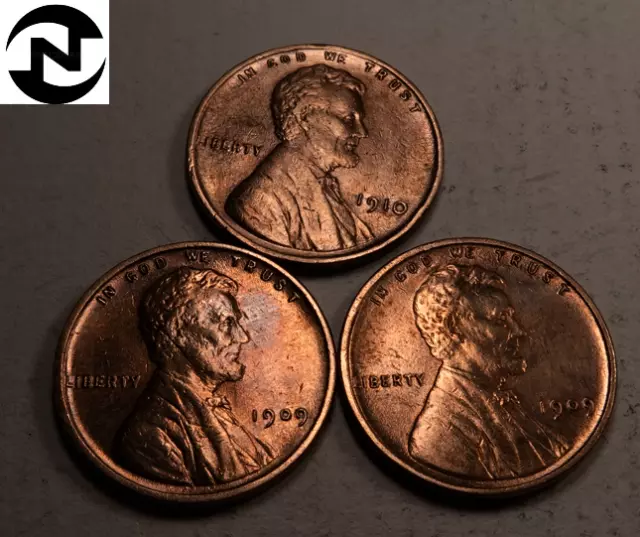 1909 VDB+1909+1910 Lincoln Wheat Penny Cent Set/Lot ~ AU/BU (red)~ (WL71)