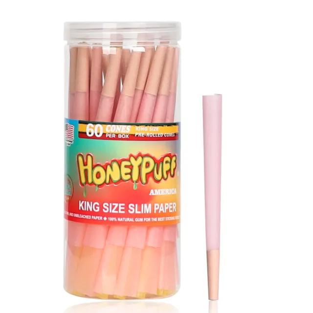Conos preenrollados rosa tamaño King paquete de 60 conos de papel rodante natural de HONEYPUFF