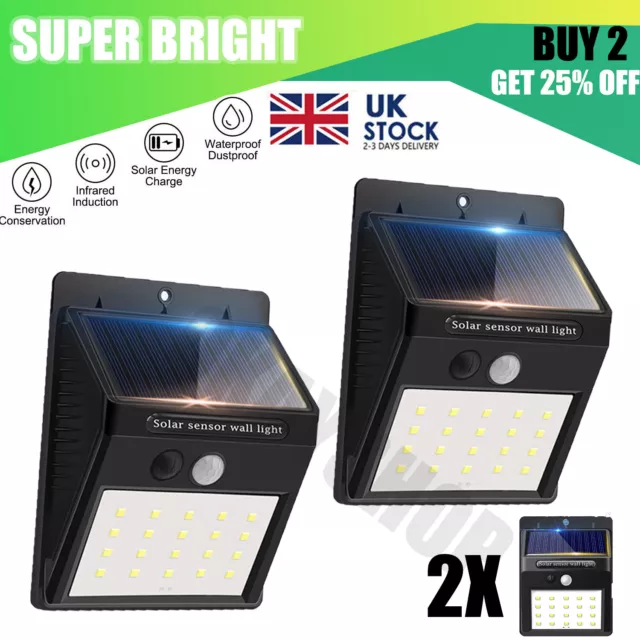 2x Solar Power Pir Motion Sensor Wall Lights Led Outdoor Garden Security Lamp Uk