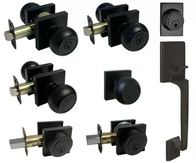 Matte Black Square Plate door locks Knobs Keyed entry privacy passage deadbolt