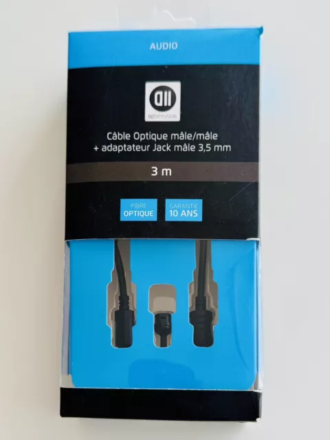 CABLE OPTIQUE 3 Mètres  MÂLE / MÂLE + Adaptateur Jack mâle 3,5 mm