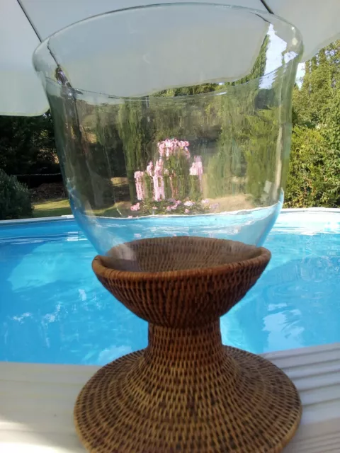 PHOTOPHORE VASE 2pcs. h.40 x 27cm en Verre Soufflé et Osier MAISON VERANDA NEUF 2