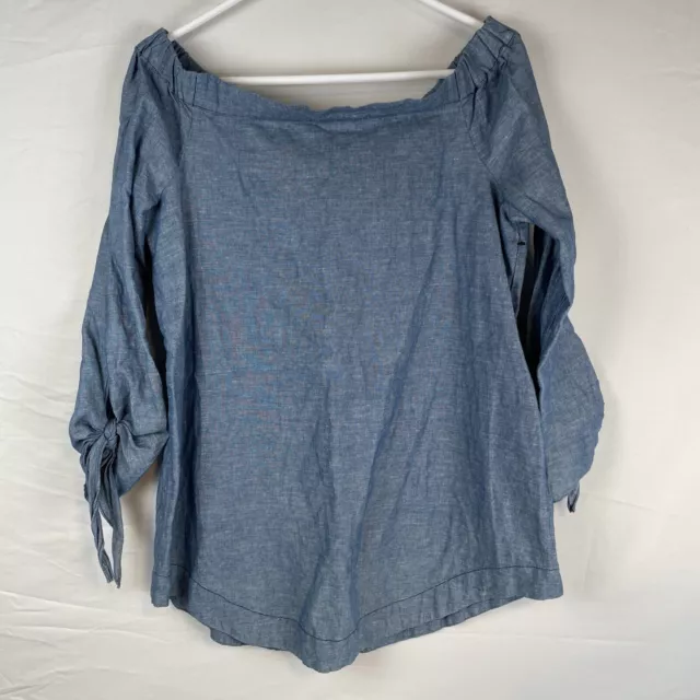 Free People Show Me Some Shoulder Blouse Women's Size Small Linen Blue Boho 2