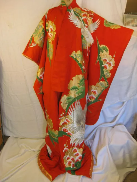 Gorgeous Red Silk Japanese ceremonial kimono with White Cranes