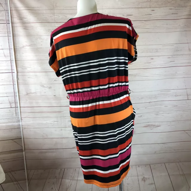 Dots Brand Women's XL Black Pink Orange Striped Dress w/ pockets short sleeve 2