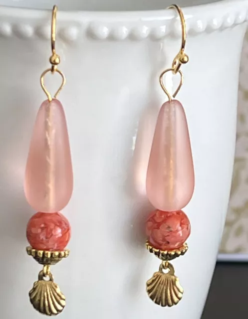 Beautiful Gold Shell, Pink Teardrop and Coral Chip Bead Earrings. Summer. Beach.