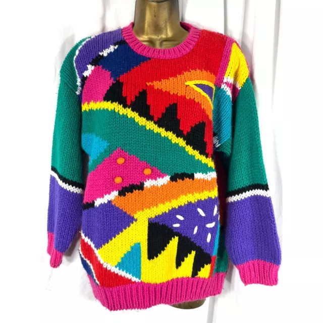 Rad Vintage Abstract Color Block New Wave Chunky Oversize Hand Knit Sweater M