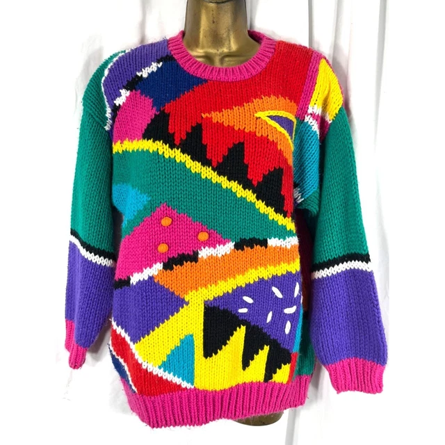 Rad Vintage Abstract Color Block New Wave Chunky Oversize Hand Knit Sweater M