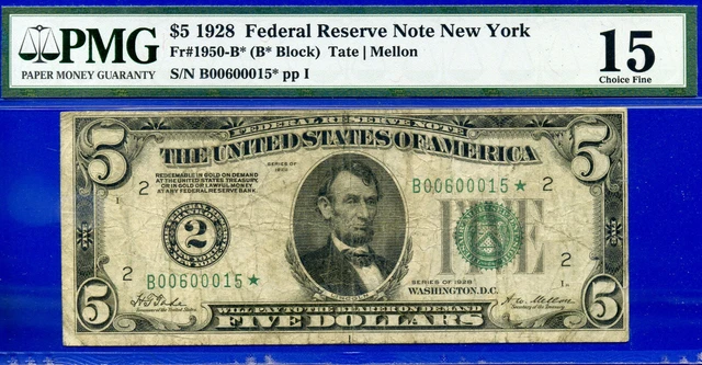 1928 $5 Federal Reserve Note PMG 15 rare PMG graded 9 New York star Fr 1950-B*