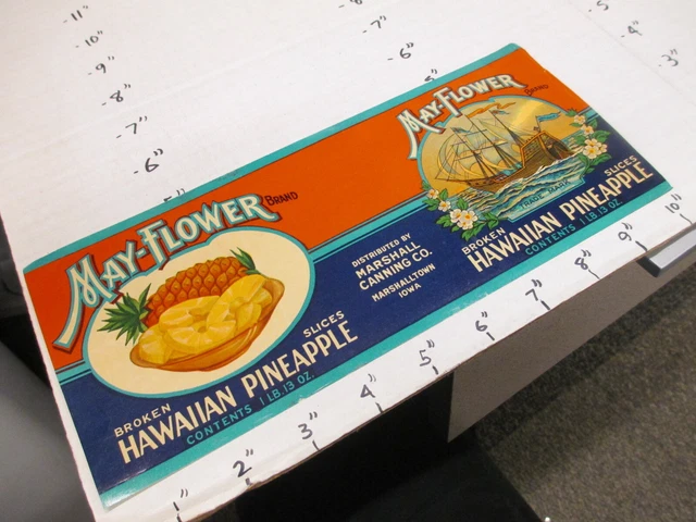MAYFLOWER sailing ship pineapple Hawaii fruit 1930s tin can food paper label