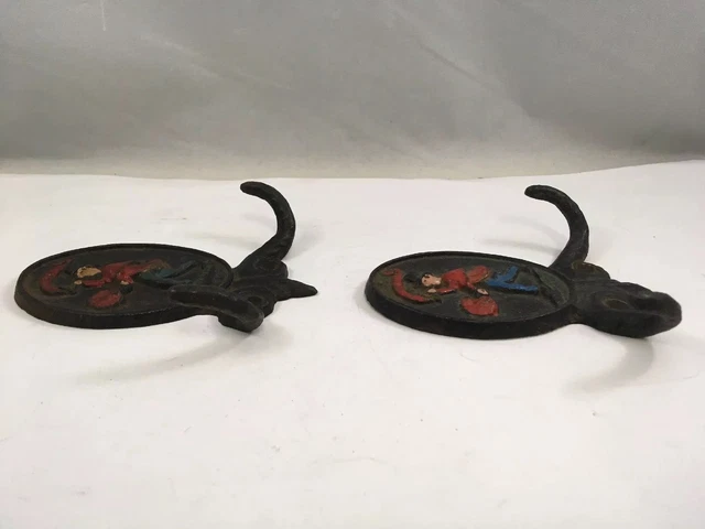 Cast Iron Wall Coat Hooks Top Hat Man Blowing Horn Figure Vintage Set of 2 5