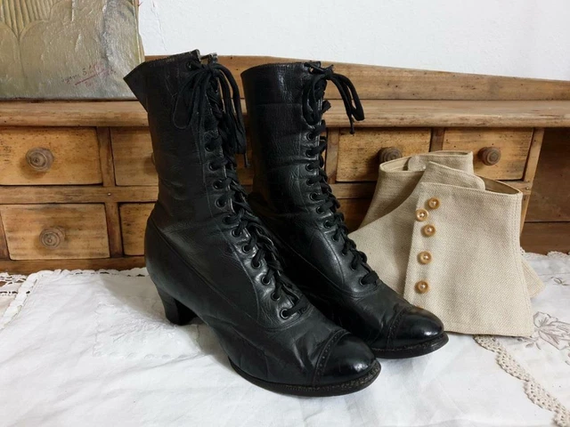 Bottines Femme Style 19ème Siècle - Taille 36, Cuir Marron/vert, Occasion