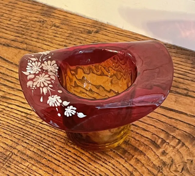 New England Glass Co. Victorian Amberina Diamond Optic Hat Vase-Hand Enamelled